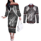 New Zealand Weka Personalised Couples Matching Off The Shoulder Long Sleeve Dress and Long Sleeve Button Shirt Aotearoa Hen Silver Fern Maori Pattern