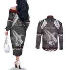 New Zealand Weka Personalised Couples Matching Off The Shoulder Long Sleeve Dress and Long Sleeve Button Shirt Aotearoa Hen Silver Fern Maori Pattern