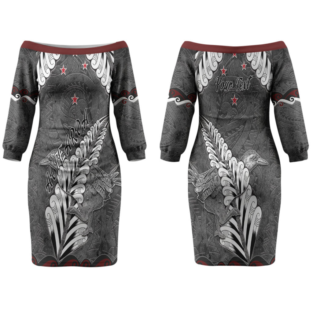 New Zealand Weka Personalised Couples Matching Off The Shoulder Long Sleeve Dress and Long Sleeve Button Shirt Aotearoa Hen Silver Fern Maori Pattern LT22