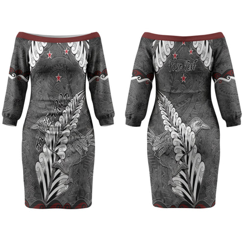 New Zealand Weka Personalised Couples Matching Off The Shoulder Long Sleeve Dress and Long Sleeve Button Shirt Aotearoa Hen Silver Fern Maori Pattern LT22