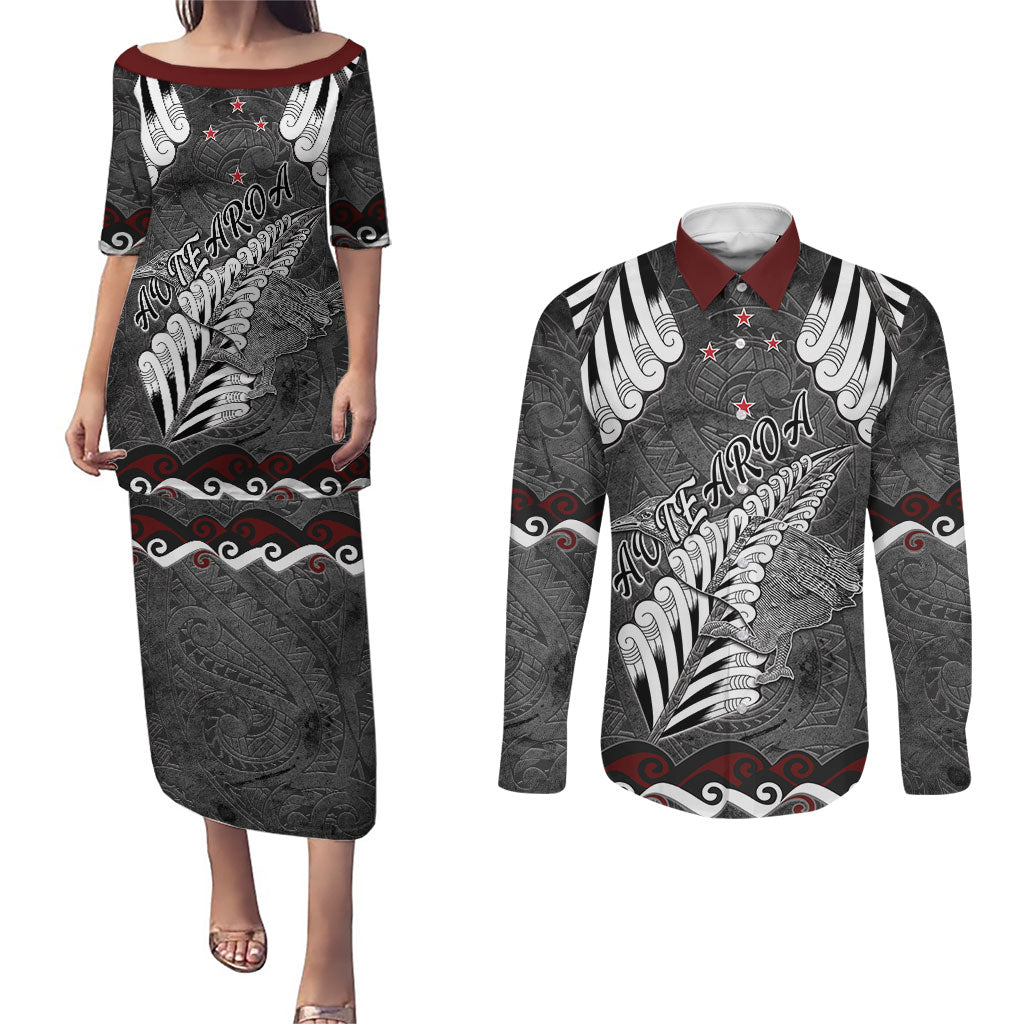 New Zealand Weka Personalised Couples Matching Puletasi and Long Sleeve Button Shirt Aotearoa Hen Silver Fern Maori Pattern