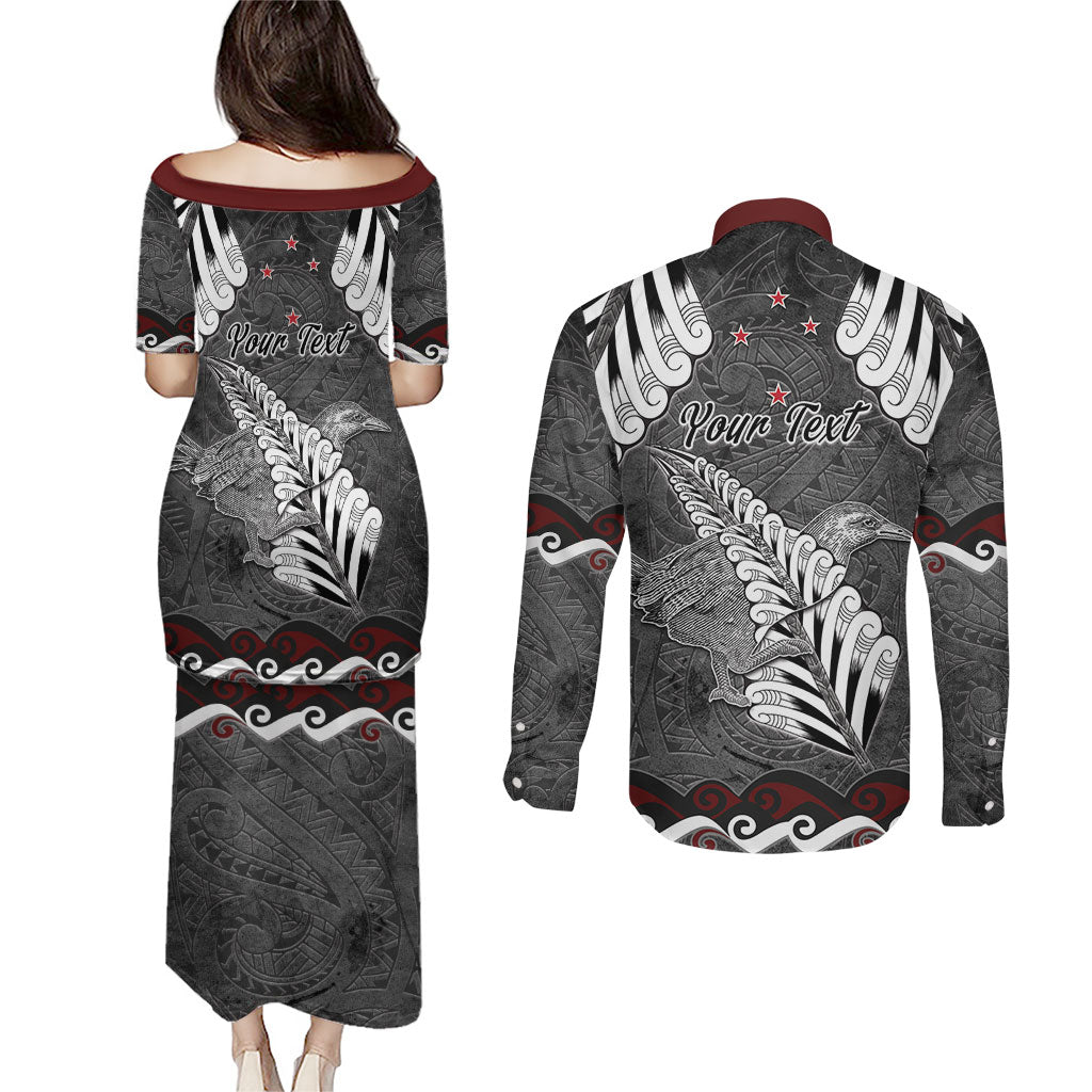 New Zealand Weka Personalised Couples Matching Puletasi and Long Sleeve Button Shirt Aotearoa Hen Silver Fern Maori Pattern