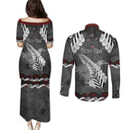 New Zealand Weka Personalised Couples Matching Puletasi and Long Sleeve Button Shirt Aotearoa Hen Silver Fern Maori Pattern