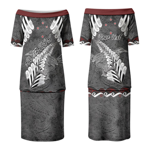 New Zealand Weka Personalised Couples Matching Puletasi and Long Sleeve Button Shirt Aotearoa Hen Silver Fern Maori Pattern LT22