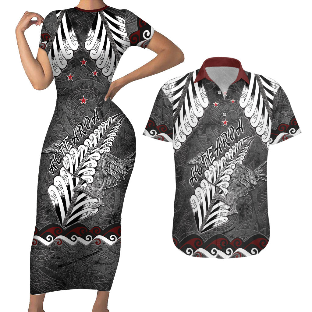 New Zealand Weka Personalised Couples Matching Short Sleeve Bodycon Dress and Hawaiian Shirt Aotearoa Hen Silver Fern Maori Pattern