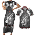 New Zealand Weka Personalised Couples Matching Short Sleeve Bodycon Dress and Hawaiian Shirt Aotearoa Hen Silver Fern Maori Pattern