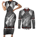 New Zealand Weka Personalised Couples Matching Short Sleeve Bodycon Dress and Long Sleeve Button Shirt Aotearoa Hen Silver Fern Maori Pattern