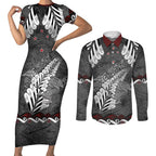 New Zealand Weka Personalised Couples Matching Short Sleeve Bodycon Dress and Long Sleeve Button Shirt Aotearoa Hen Silver Fern Maori Pattern