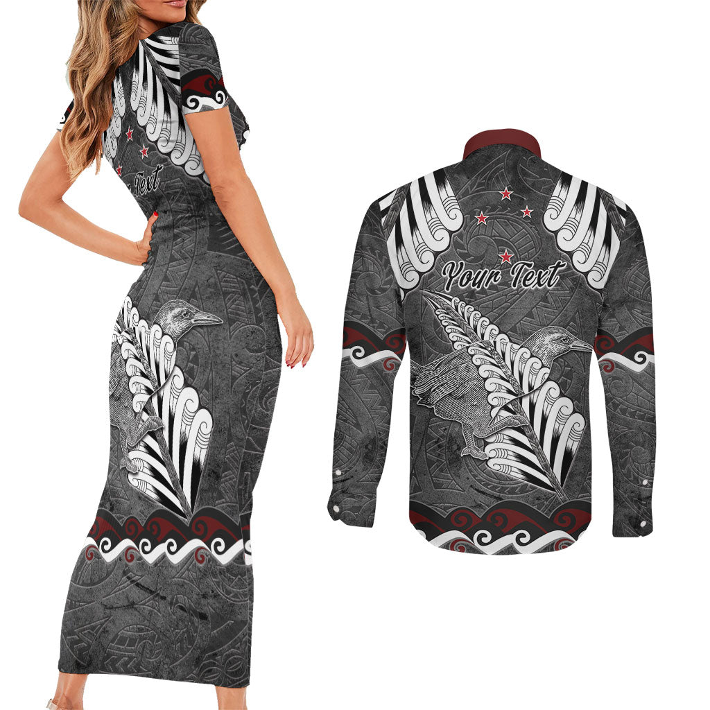 New Zealand Weka Personalised Couples Matching Short Sleeve Bodycon Dress and Long Sleeve Button Shirt Aotearoa Hen Silver Fern Maori Pattern