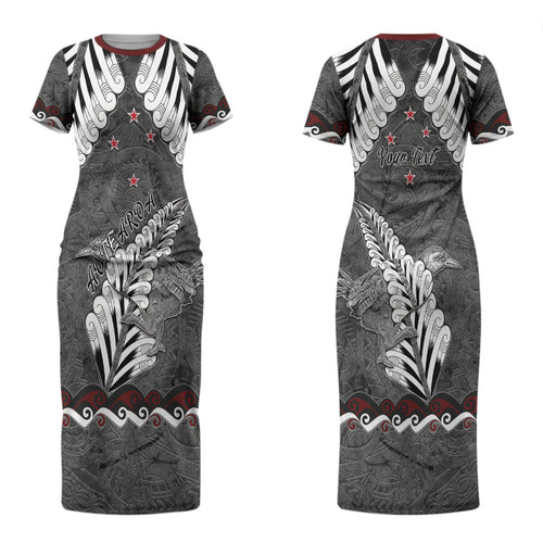 New Zealand Weka Personalised Couples Matching Short Sleeve Bodycon Dress and Long Sleeve Button Shirt Aotearoa Hen Silver Fern Maori Pattern LT22