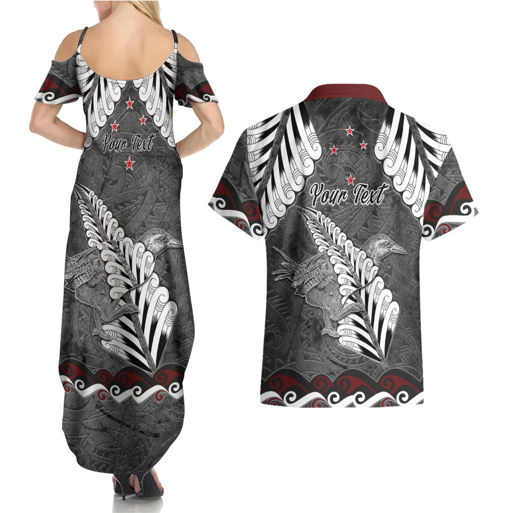 New Zealand Weka Personalised Couples Matching Summer Maxi Dress and Hawaiian Shirt Aotearoa Hen Silver Fern Maori Pattern