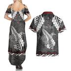New Zealand Weka Personalised Couples Matching Summer Maxi Dress and Hawaiian Shirt Aotearoa Hen Silver Fern Maori Pattern