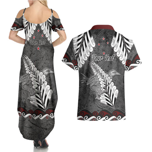 New Zealand Weka Personalised Couples Matching Summer Maxi Dress and Hawaiian Shirt Aotearoa Hen Silver Fern Maori Pattern