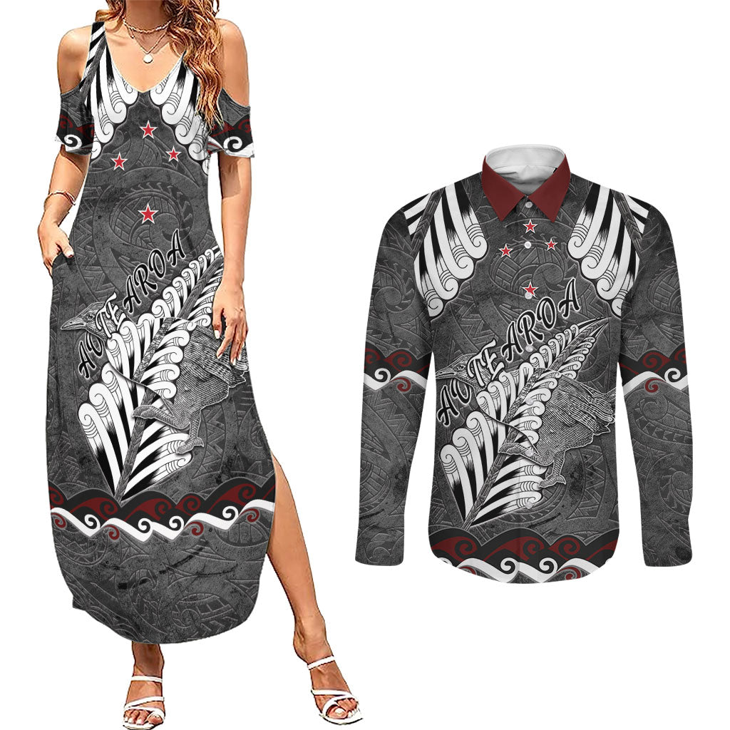 New Zealand Weka Personalised Couples Matching Summer Maxi Dress and Long Sleeve Button Shirt Aotearoa Hen Silver Fern Maori Pattern