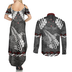 New Zealand Weka Personalised Couples Matching Summer Maxi Dress and Long Sleeve Button Shirt Aotearoa Hen Silver Fern Maori Pattern