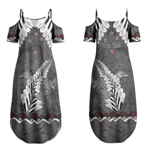New Zealand Weka Personalised Couples Matching Summer Maxi Dress and Long Sleeve Button Shirt Aotearoa Hen Silver Fern Maori Pattern LT22
