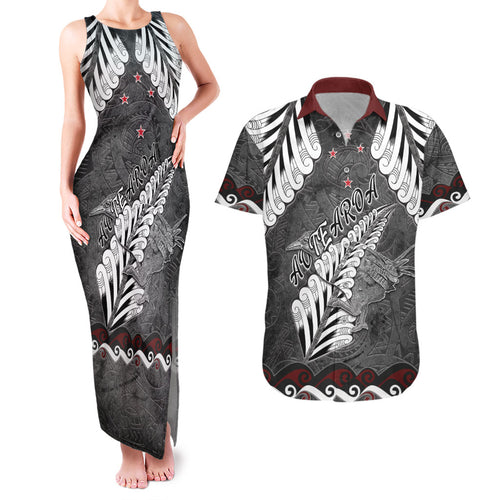 New Zealand Weka Personalised Couples Matching Tank Maxi Dress and Hawaiian Shirt Aotearoa Hen Silver Fern Maori Pattern