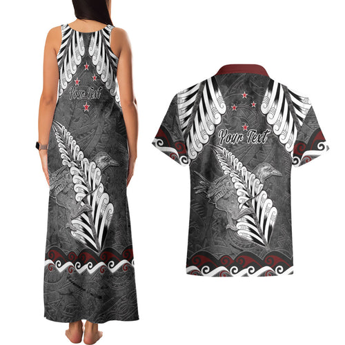 New Zealand Weka Personalised Couples Matching Tank Maxi Dress and Hawaiian Shirt Aotearoa Hen Silver Fern Maori Pattern