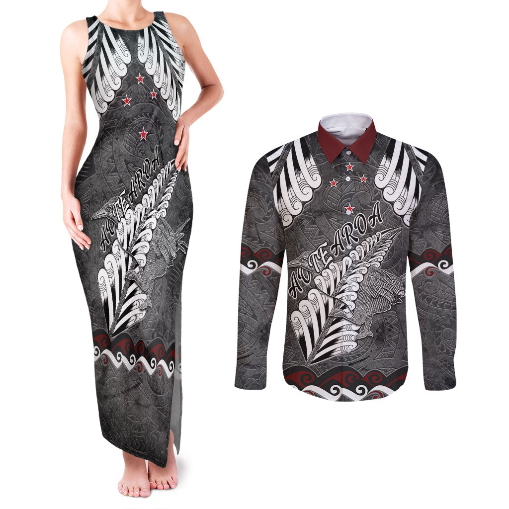 New Zealand Weka Personalised Couples Matching Tank Maxi Dress and Long Sleeve Button Shirt Aotearoa Hen Silver Fern Maori Pattern
