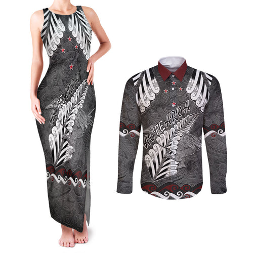 New Zealand Weka Personalised Couples Matching Tank Maxi Dress and Long Sleeve Button Shirt Aotearoa Hen Silver Fern Maori Pattern