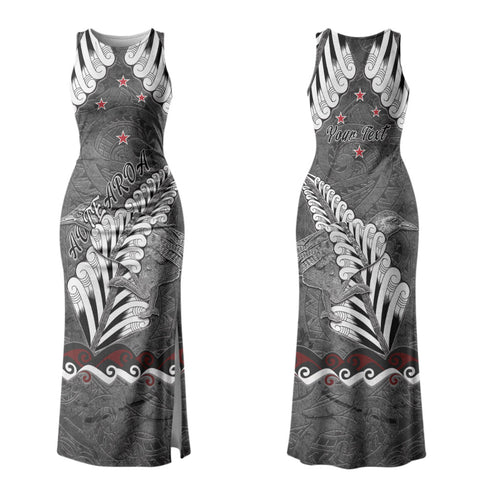 New Zealand Weka Personalised Couples Matching Tank Maxi Dress and Long Sleeve Button Shirt Aotearoa Hen Silver Fern Maori Pattern LT22