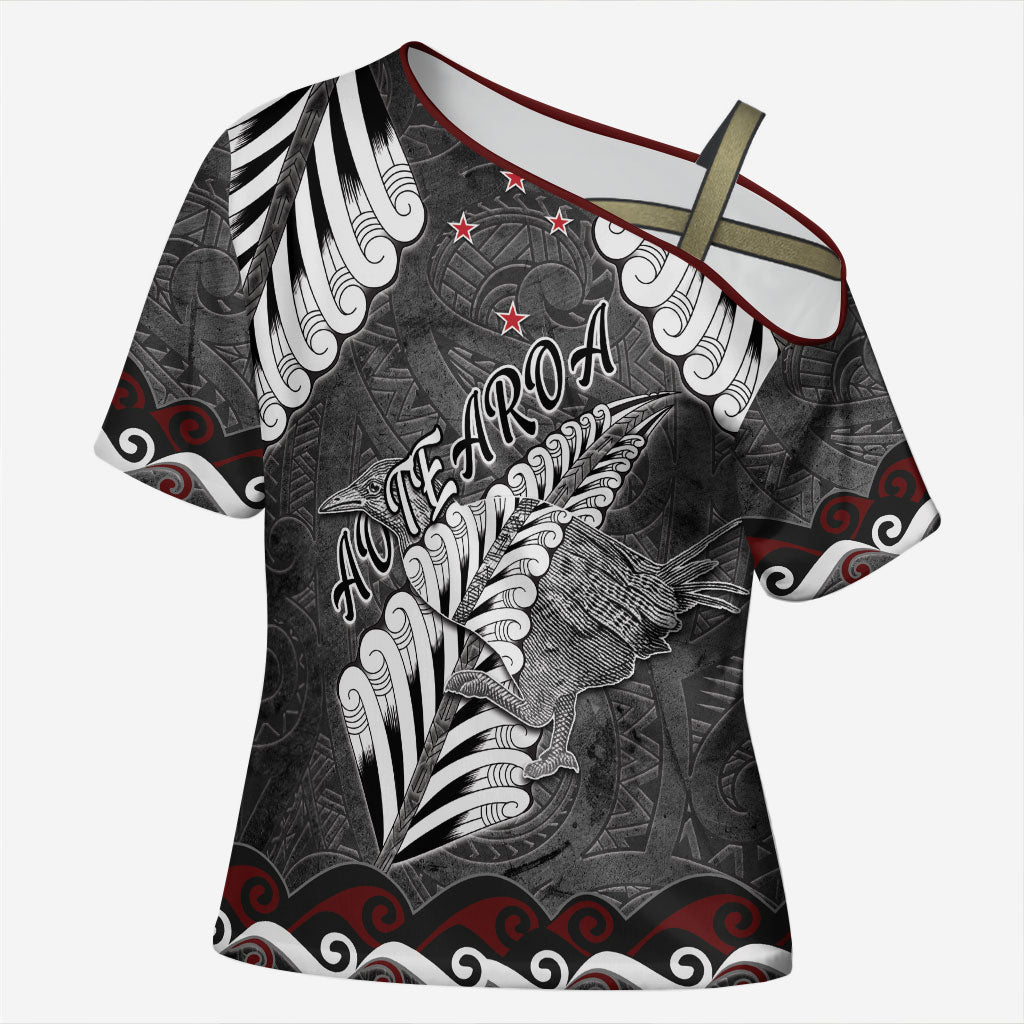 New Zealand Weka Personalised Cross Shoulder Shirt Aotearoa Hen Silver Fern Maori Pattern