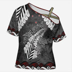 New Zealand Weka Personalised Cross Shoulder Shirt Aotearoa Hen Silver Fern Maori Pattern