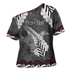 New Zealand Weka Personalised Cross Shoulder Shirt Aotearoa Hen Silver Fern Maori Pattern