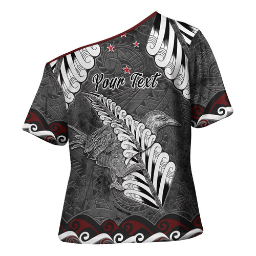 New Zealand Weka Personalised Cross Shoulder Shirt Aotearoa Hen Silver Fern Maori Pattern