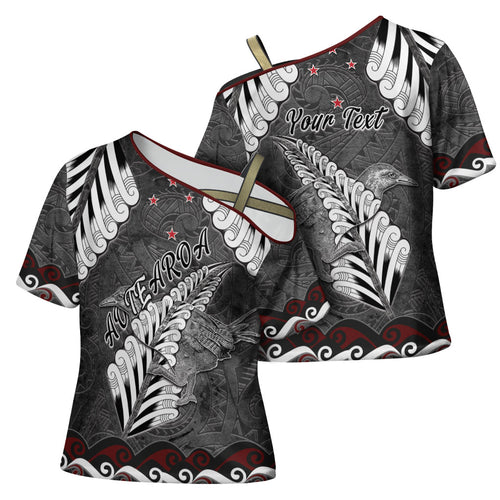 New Zealand Weka Personalised Cross Shoulder Shirt Aotearoa Hen Silver Fern Maori Pattern