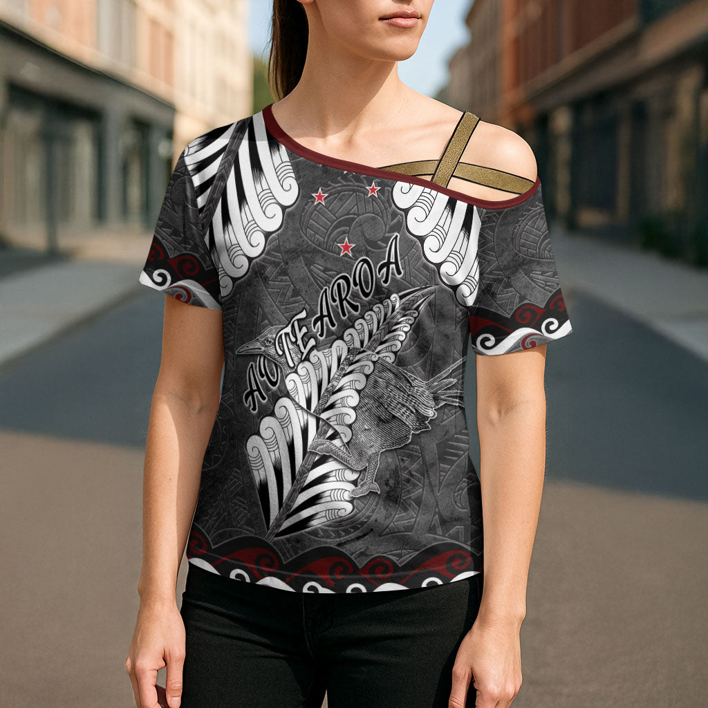 New Zealand Weka Personalised Cross Shoulder Shirt Aotearoa Hen Silver Fern Maori Pattern