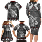 New Zealand Weka Personalised Family Matching Long Sleeve Bodycon Dress and Hawaiian Shirt Aotearoa Hen Silver Fern Maori Pattern