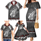 New Zealand Weka Personalised Family Matching Mermaid Dress and Hawaiian Shirt Aotearoa Hen Silver Fern Maori Pattern