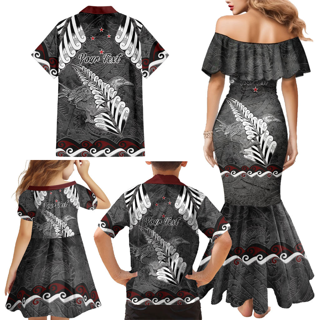 New Zealand Weka Personalised Family Matching Mermaid Dress and Hawaiian Shirt Aotearoa Hen Silver Fern Maori Pattern