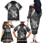 New Zealand Weka Personalised Family Matching Off The Shoulder Long Sleeve Dress and Hawaiian Shirt Aotearoa Hen Silver Fern Maori Pattern