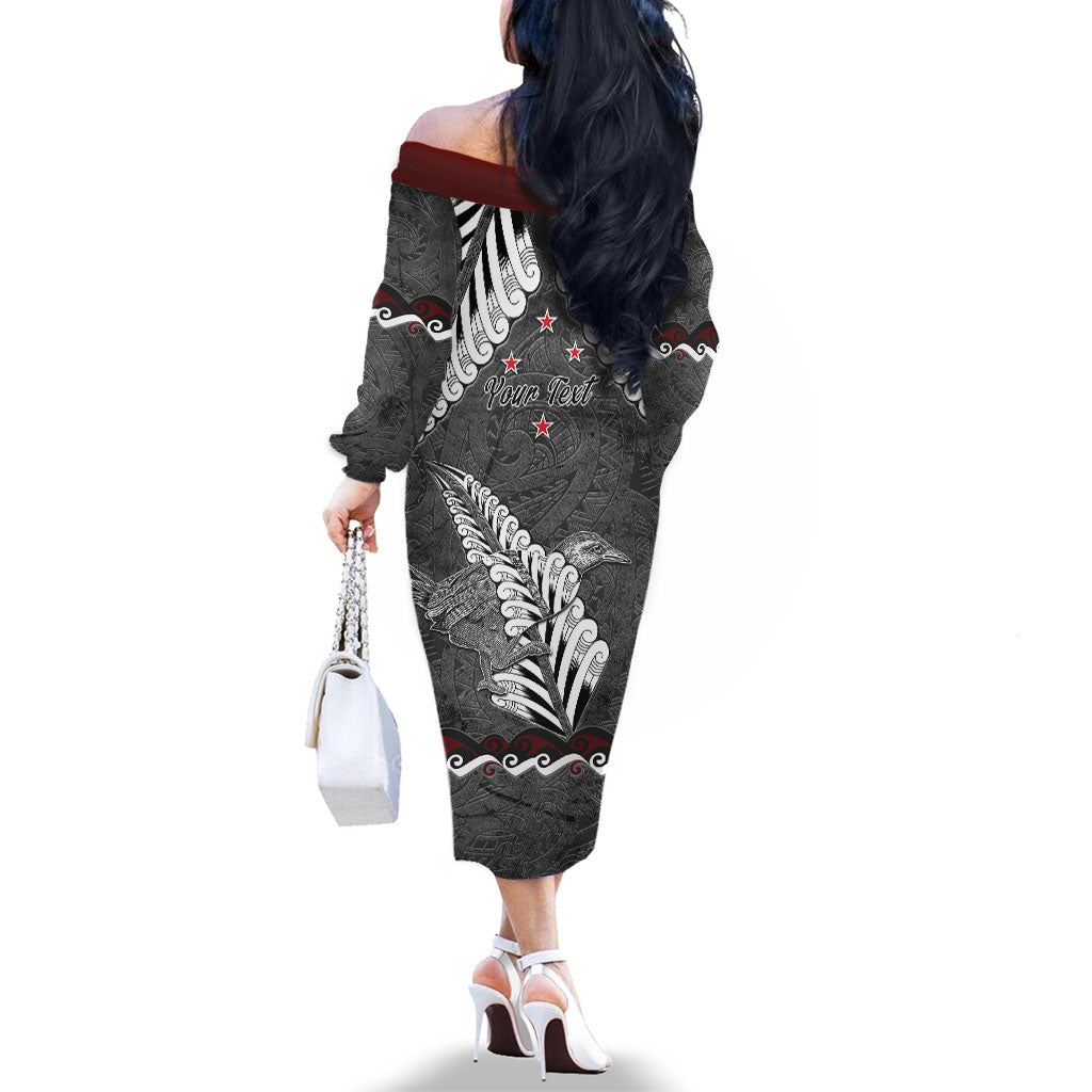 New Zealand Weka Personalised Family Matching Off The Shoulder Long Sleeve Dress and Hawaiian Shirt Aotearoa Hen Silver Fern Maori Pattern