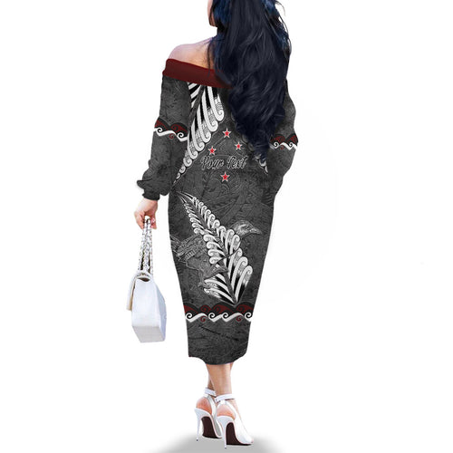 New Zealand Weka Personalised Family Matching Off The Shoulder Long Sleeve Dress and Hawaiian Shirt Aotearoa Hen Silver Fern Maori Pattern