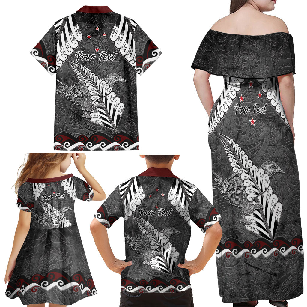 New Zealand Weka Personalised Family Matching Off Shoulder Maxi Dress and Hawaiian Shirt Aotearoa Hen Silver Fern Maori Pattern
