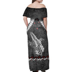 New Zealand Weka Personalised Family Matching Off Shoulder Maxi Dress and Hawaiian Shirt Aotearoa Hen Silver Fern Maori Pattern
