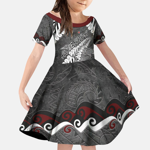 New Zealand Weka Personalised Family Matching Off Shoulder Short Dress and Hawaiian Shirt Aotearoa Hen Silver Fern Maori Pattern