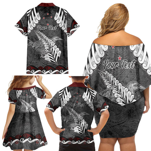 New Zealand Weka Personalised Family Matching Off Shoulder Short Dress and Hawaiian Shirt Aotearoa Hen Silver Fern Maori Pattern