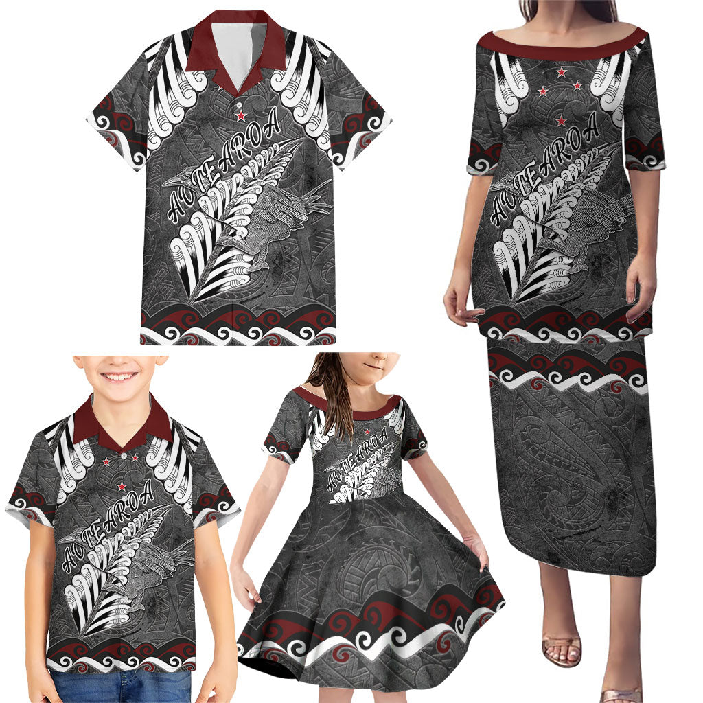 New Zealand Weka Personalised Family Matching Puletasi and Hawaiian Shirt Aotearoa Hen Silver Fern Maori Pattern