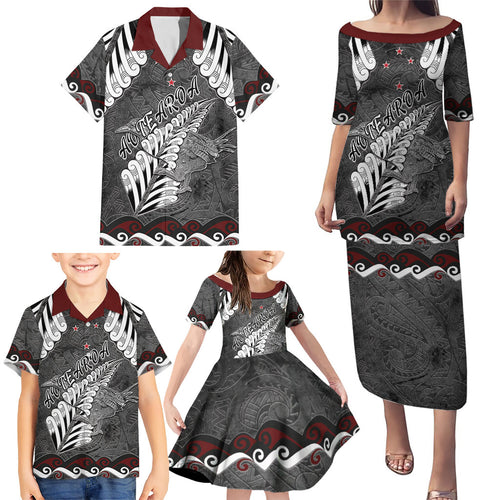 New Zealand Weka Personalised Family Matching Puletasi and Hawaiian Shirt Aotearoa Hen Silver Fern Maori Pattern