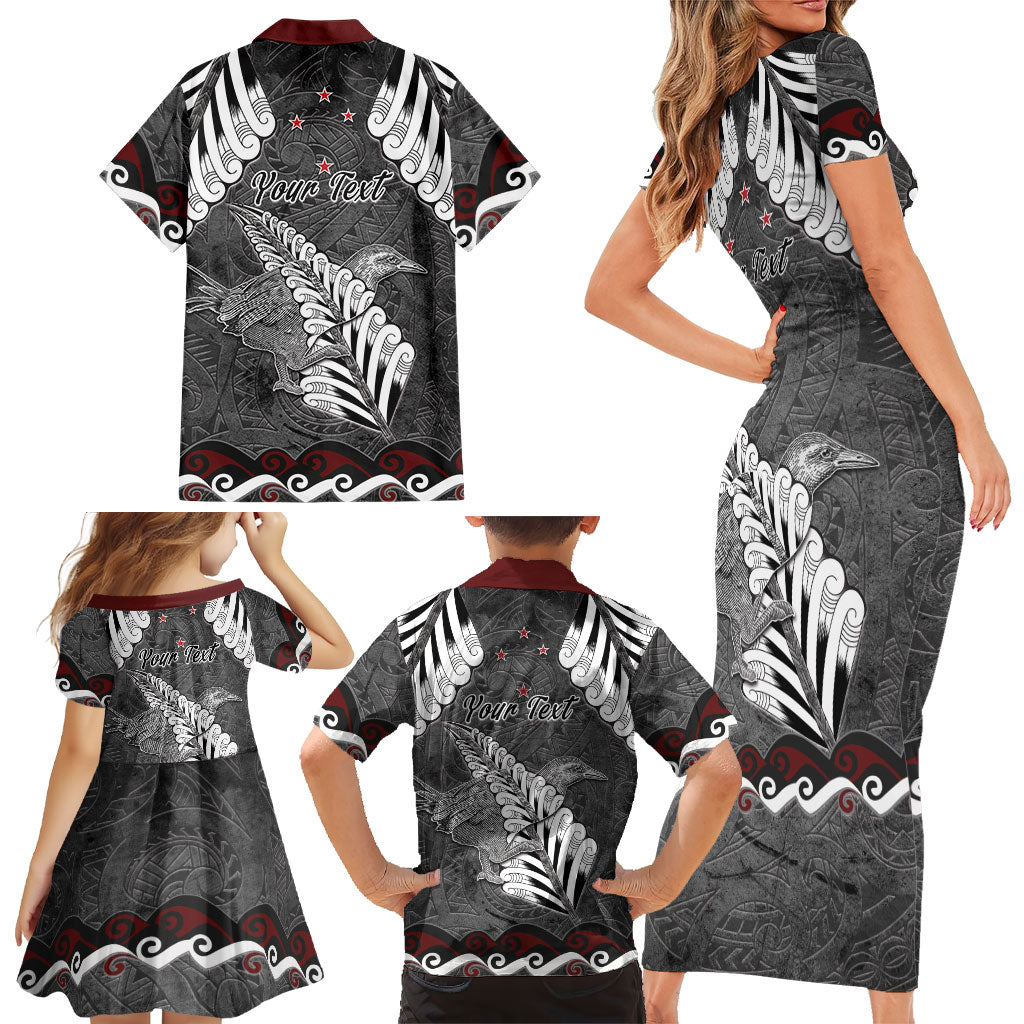 New Zealand Weka Personalised Family Matching Short Sleeve Bodycon Dress and Hawaiian Shirt Aotearoa Hen Silver Fern Maori Pattern