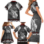 New Zealand Weka Personalised Family Matching Short Sleeve Bodycon Dress and Hawaiian Shirt Aotearoa Hen Silver Fern Maori Pattern