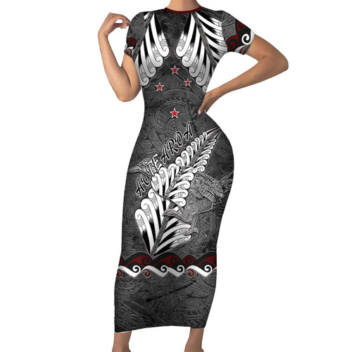 New Zealand Weka Personalised Family Matching Short Sleeve Bodycon Dress and Hawaiian Shirt Aotearoa Hen Silver Fern Maori Pattern