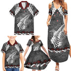 New Zealand Weka Personalised Family Matching Summer Maxi Dress and Hawaiian Shirt Aotearoa Hen Silver Fern Maori Pattern
