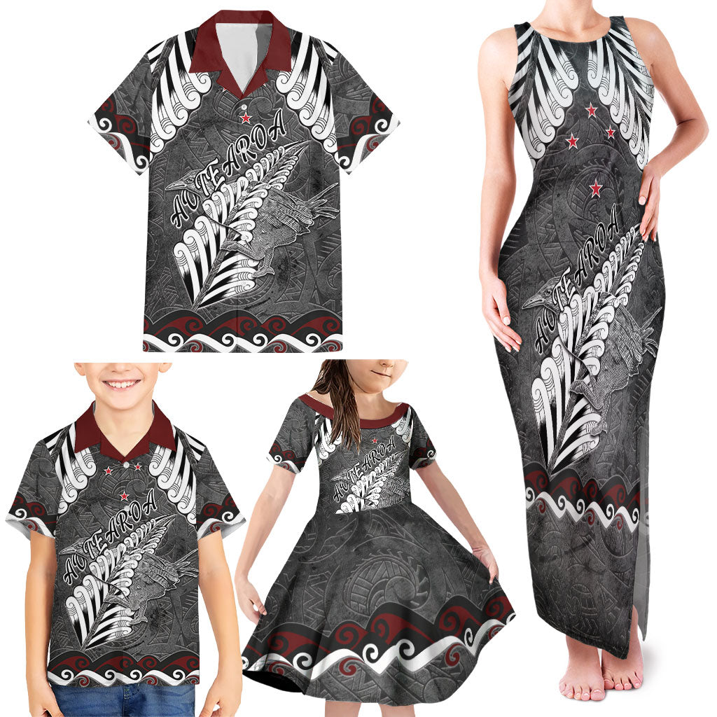 New Zealand Weka Personalised Family Matching Tank Maxi Dress and Hawaiian Shirt Aotearoa Hen Silver Fern Maori Pattern