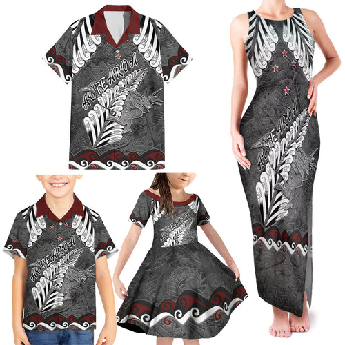 New Zealand Weka Personalised Family Matching Tank Maxi Dress and Hawaiian Shirt Aotearoa Hen Silver Fern Maori Pattern