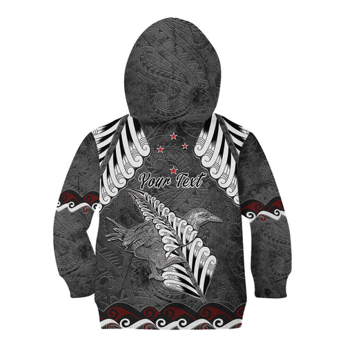 New Zealand Weka Personalised Kid Hoodie Aotearoa Hen Silver Fern Maori Pattern